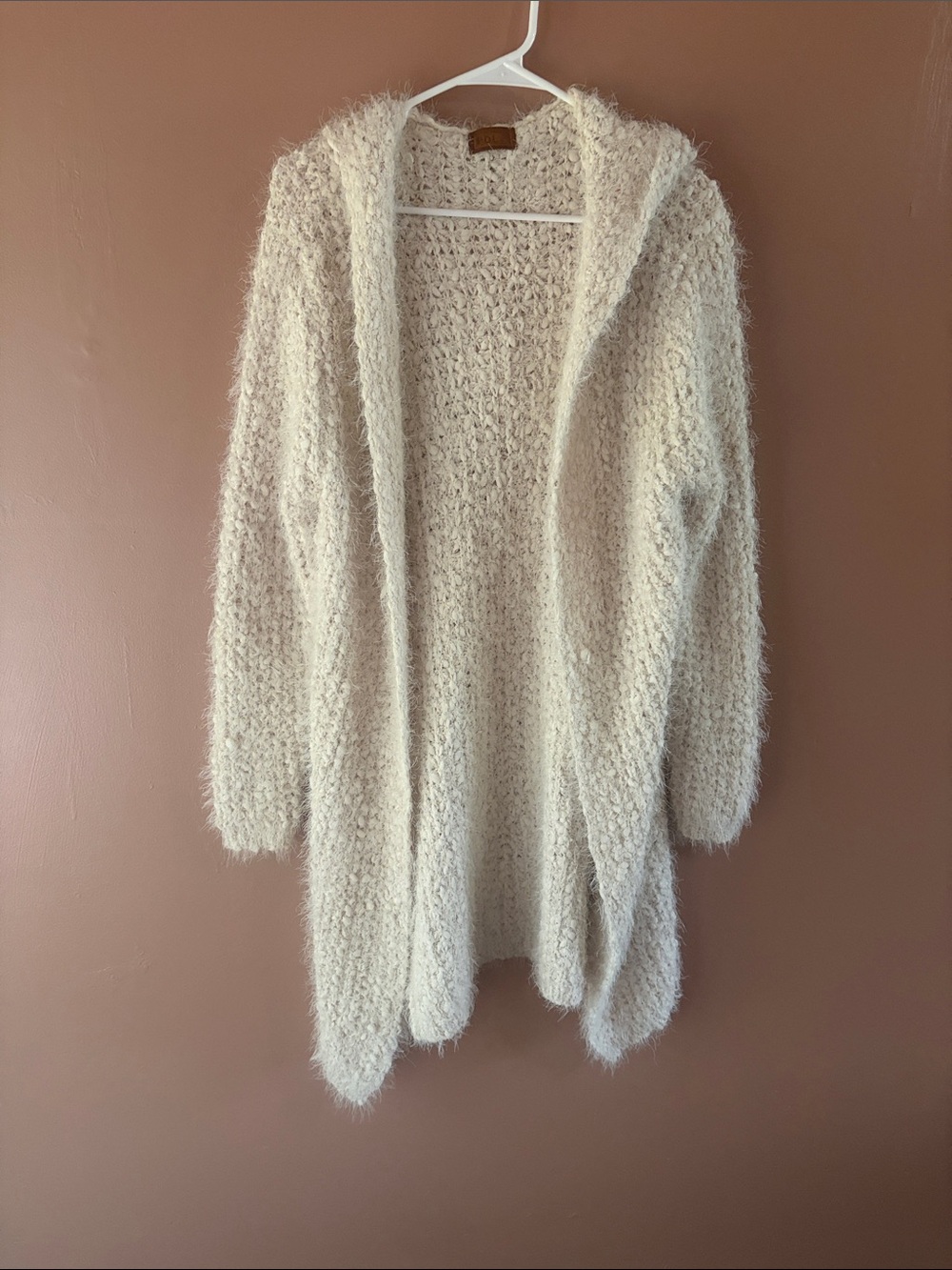 POL Cream Fuzzy Open-Front Hooded Cardigan